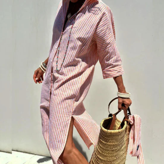 Gestreiftes Hemdkleid Mit Langen Ärmeln Für Damen | Maxi